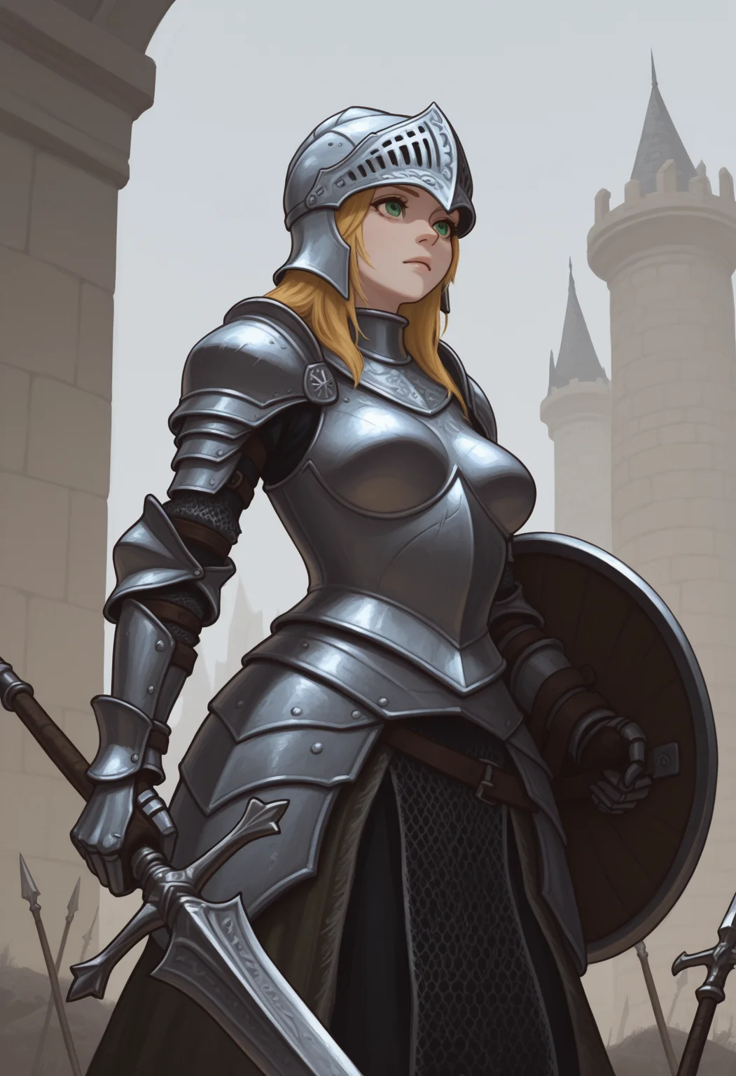 outdoors, dark souls
1girl, solo, knight, shield, spear, blonde hair, green eyes, helmet, boobplate, masterpiece, best quality, <lora:nanod-il:1> nanod-il