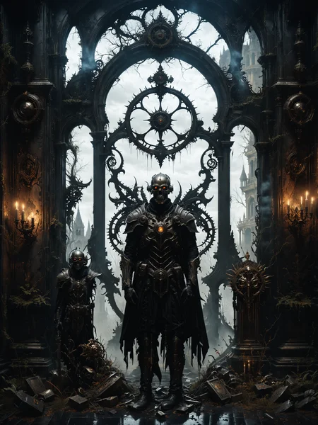 macabre style, digital illustration of Biomechanical guardian protecting ancient artifacts, Mysterious, dilapidated mansion with secret passages in the background,,, dark, gothic, grim, haunting, highly detailed photorealistic, octane render, 8k, unreal engine 5, art by artgerm and greg rutkowski and alphonse mucha   <lora:Misty_Vintage:0.5> <lora:xl_more_art-full_v1:0.5>