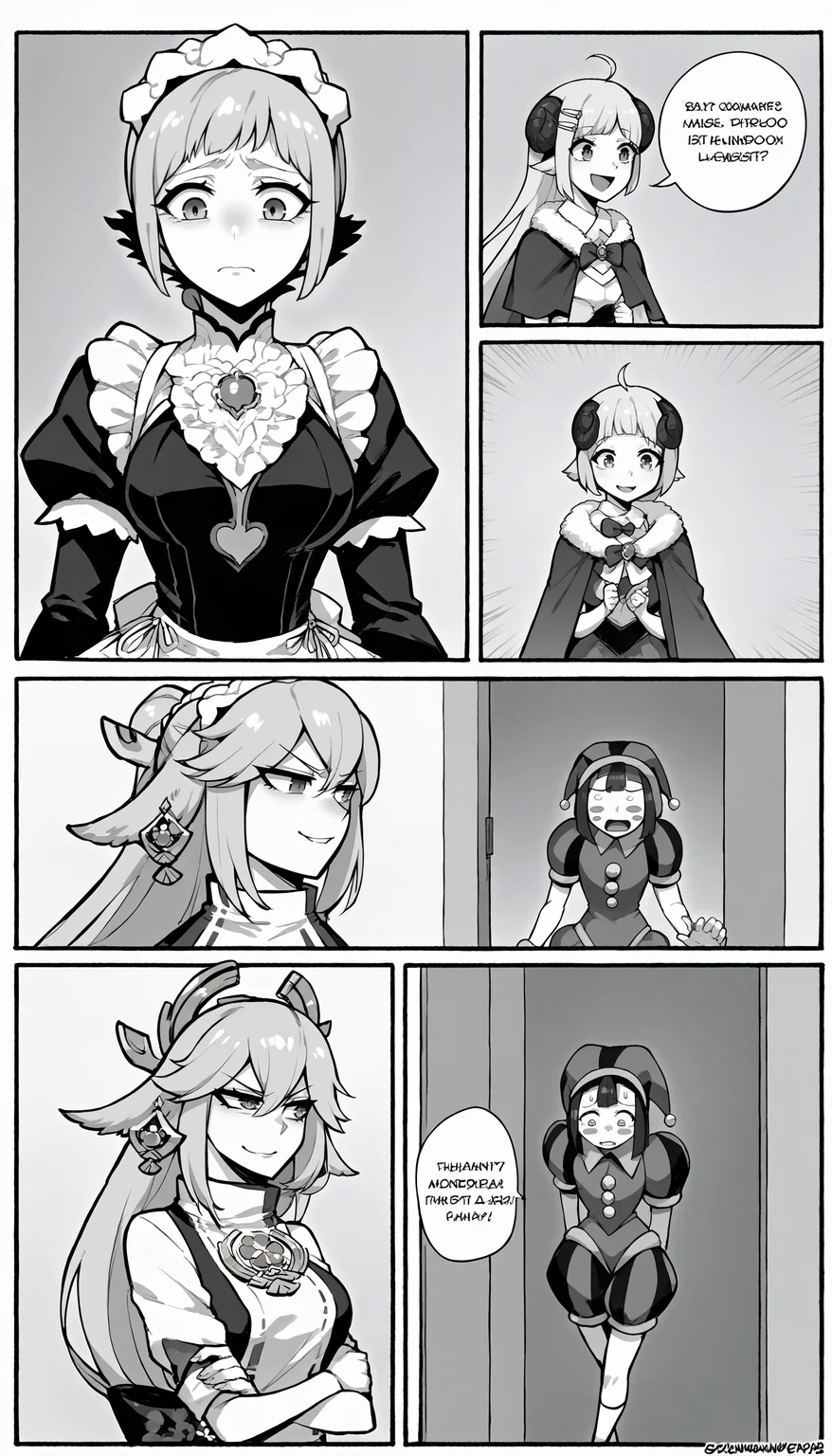 score_9, score_8_up, score_7_up, source_anime, solo, monochrome, lineart, manga, speech bubble, talking, comic, 4koma, 4girls, split,
BREAK feliciadef, ponytail, maid headdress, brooch, maid apron, bridal gauntlets <lora:felicia-fe-richy-v1_xl:1>, sad, worried,
BREAK yae miko, smirk, evil smile, looking to the side, from side, crossed arms, upper body,
BREAK <lora:CHAR-TsunomakiWatamePonyXL:1>, WatameBase, very long hair, ahoge, hairclip, fur-trimmed dress, short dress, bowtie, detached sleeves, pouch, fur-trimmed cape, cape, happy, open mouth,
BREAK <lora:digitalcircus_pomni_ponyXL:1> pomni, blush stickers, sweat, scared, screaming, running, jester cap, striped clothes, puffy short sleeves, gloves, puffy shorts, hallway, motion lines