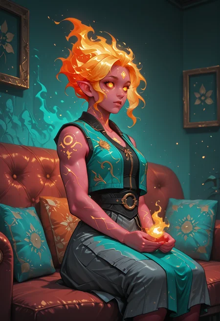 masterwork, digital painting, dynamic angle, award-winning, masterpiece, best quality, hyper-detailed, 8k uhd, dramatic lighting, ambient occlusion, raytracing BREAK 1girl, solo, fire genasi, glowing green eyes, mole on body , (hot pink) skin, muscular body, attractive figure, medium breasts, perfect hands BREAK <lora:FireGenasi:1.0> FireGenasi, fire hair, colored sclera, pointed ears, yellow fire hair, <lora:Fiery_Hair_Pony:0.6> Fiery_Hair, <lora:Glowing_light:0.7> glowing hair, moist lips, (happy:1.0), pursed lips BREAK fantasy, blue leather vest, grey armored skirt, living room, sitting, seiza, on couch, couch, cushion, pillow BREAK <lora:vivid_everclear:0.4> <lora:reij-rt:0.6> <lora:NeoNi_illustriousXL:0.6> vibrant colors, high contrast, smooth & soft gradients, warm colors, <lora:ill-xl-01-genshin_cg_flat_color_style_2:0.4> <lora:Fantasy_background:0.6> fantasy background, <lora:sh0uj0XLP:0.6> sh0uj0