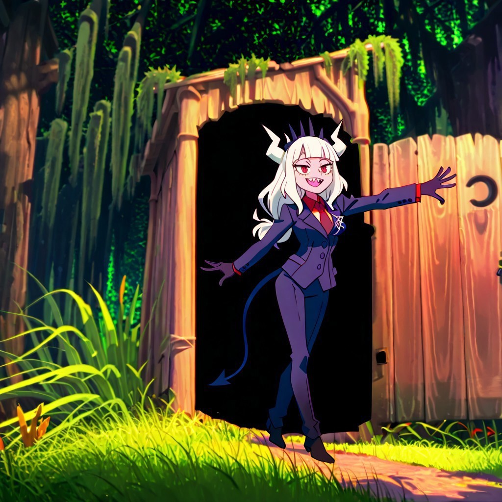 masterpiece, best quality, newest, absurdres, highres, anime, anime style, Shrek's-Outhouse-IL.V1.0, outdoors, moss, plant, nature, forest, Outhouse-closed door, Outhouse-open door, opening door, 1girl, lucifer \(helltaker\), black suit, red necktie, black collared shirt, black gloves, blunt bangs, demon horns, demon girl, demon tail, sharp teeth, red eyes, white hair, long hair

