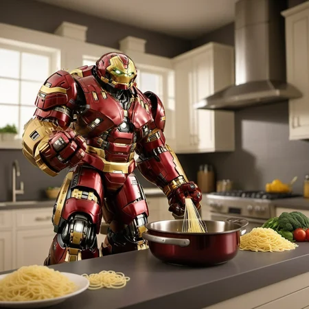 Hulkbuster1024, a robot, full body, cooking a pastas in a kitchen , highly detailed, photography, ultra sharp, film, professional, 64k <lora:add-detail-xl:1.5> <lora:Hulkbuster1024-000600:0.8>