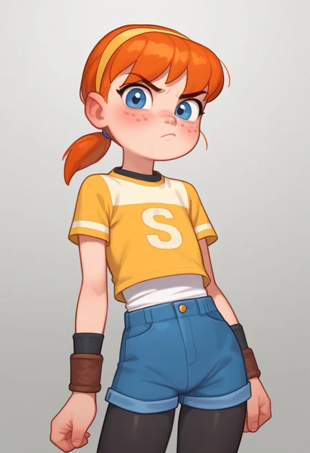 (score_9,score_8_up,score_7_up), cute anime girl, big cute eyes, masterpiece,cartoon style, best quality, amazing quality, gradient background, chibifurri, looking at viewer, ((tsundere)),cartoonish, (((1 girl))), skinny bodyflat chest, april2012,1girl,solo,blue eyes,freckles,shirt,ponytail,pantyhose,hairband,shorts,orange hair,black pantyhose,wristband,blue shorts