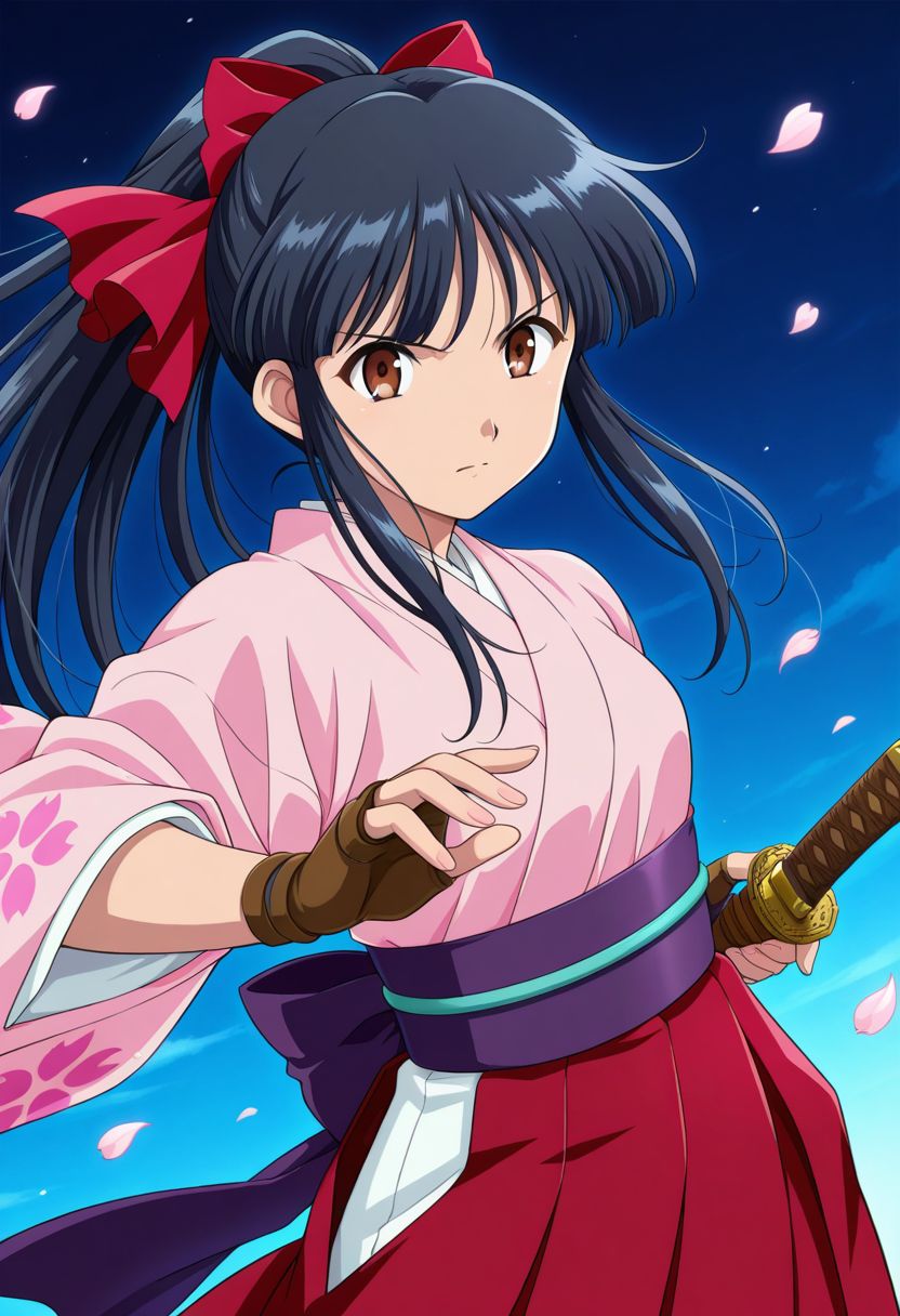 detailed eyes, beautiful, detailed background, perfect eyes,
source_anime, very aesthetic, anime coloring, masterpiece, official art,
<lora:HandFineTuning_XL:1>
BREAK,
dark blue background, sakura petals, action effects,
cowboy shot, dynamic angle,
serious, dynamic pose, unsheathing katana, katana sheath,
BREAK,
<lora:shinguji_illustrious_v01:0.9>
sakuraBase, black hair, hair ribbon, red ribbon, brown hair, ponytail, red bow, sidelocks, bangs,  
meiji schoolgirl uniform, japanese clothes, red hakama,  floral print sleeves, floral print kimono,  purple sash, fingerless gloves, green obijime,