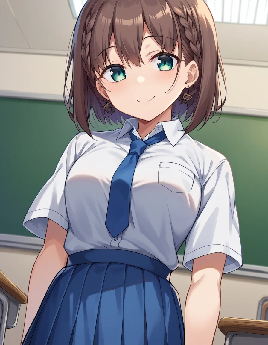 score_9, score_8_up, score_7_up, source_anime,
tawawaai, <lora:tawawa-ai-chan-ponyxl-lora-nochekaiser:1>,
ai, short hair, brown hair, green eyes, braid, side braid, smile,
skirt, shirt, jewelry, school uniform, white shirt, short sleeves, pleated skirt, earrings, necktie, collared shirt, blue skirt, blue necktie,
indoors, classroom,
looking at viewer, dutch angle, cowboy shot,