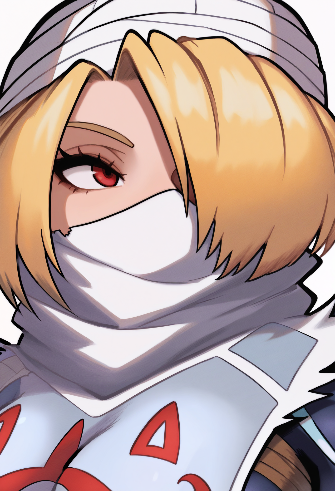 1girl, solo, portrait, white background, smile, 
blonde hair, hair over one eye, red eyes, breasts, turban, white mask, ninja mask, bandages, bandaged arms, tabard, dark blue bodysuit, 
masterpiece, best quality, <lora:Kohei_Horikoshi-IllustriousV102-guy90:1>, ihshok, <lora:sheik-illu-nvwls-v1:1> ootshk