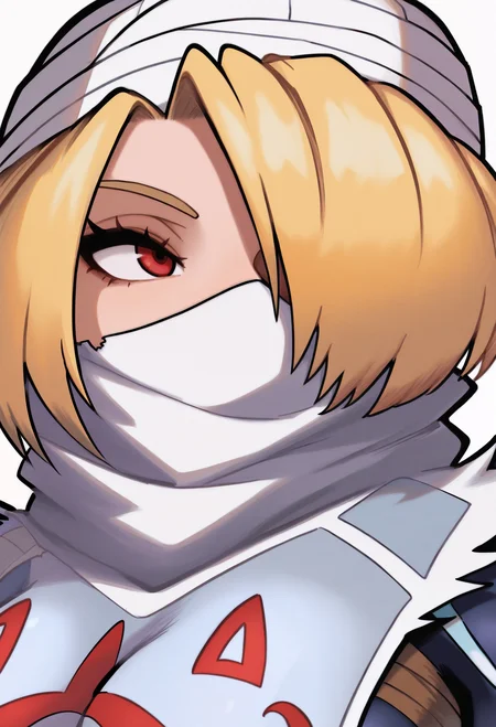 1girl, solo, portrait, white background, smile,
blonde hair, hair over one eye, red eyes, breasts, turban, white mask, ninja mask, bandages, bandaged arms, tabard, dark blue bodysuit,
masterpiece, best quality, <lora:Kohei_Horikoshi-IllustriousV102-guy90:1>, ihshok, <lora:sheik-illu-nvwls-v1:1> ootshk