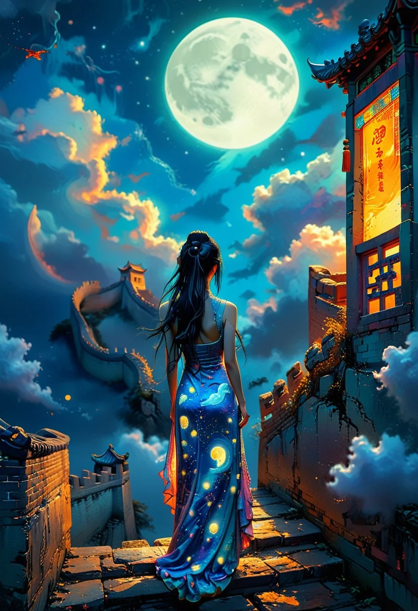 At night. Stars. Moon. Chinese wall. woman with dress stand on the chinese wall. back visible. long hair. Masterpiece, best quality. realistic, whimsical, fantastic, splash art, intricately detailed, hyper-detailed, maximalist style, psychedelic, post-apocalyptic, photorealistic, conceptual art, sharp focus, harmony, serenity, calm, clouds, mysterious glow, vivid colors, vivid background,
midjourneyv6.1, PsychadelicChaos, psychadelic, impasto, from below