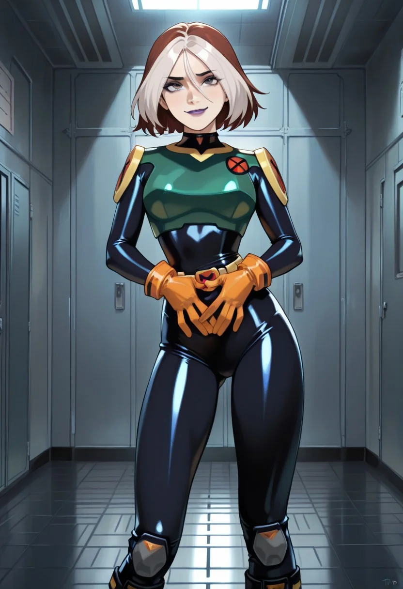 masterpiece,best quality,amazing quality,very aesthetic,absurdres,newest, detailed faces, (((typ0))), (vibrant, dynamic lighting, edge lighting), (dramatic lighting:1.5), (detailed faces:1.5), (detailed eyes:1.5), training room, training, metal walls, metal floor,
(RogueEvo, two-tone hair, brown hair, short hair, white bangs, grey eyes, lipstick, purple lips, makeup, hero bodysuit, green armor, yellow shoulder pads, orange gloves, boots, belt), 
sexy, sexy pose, smile, looking at viewer, seductive