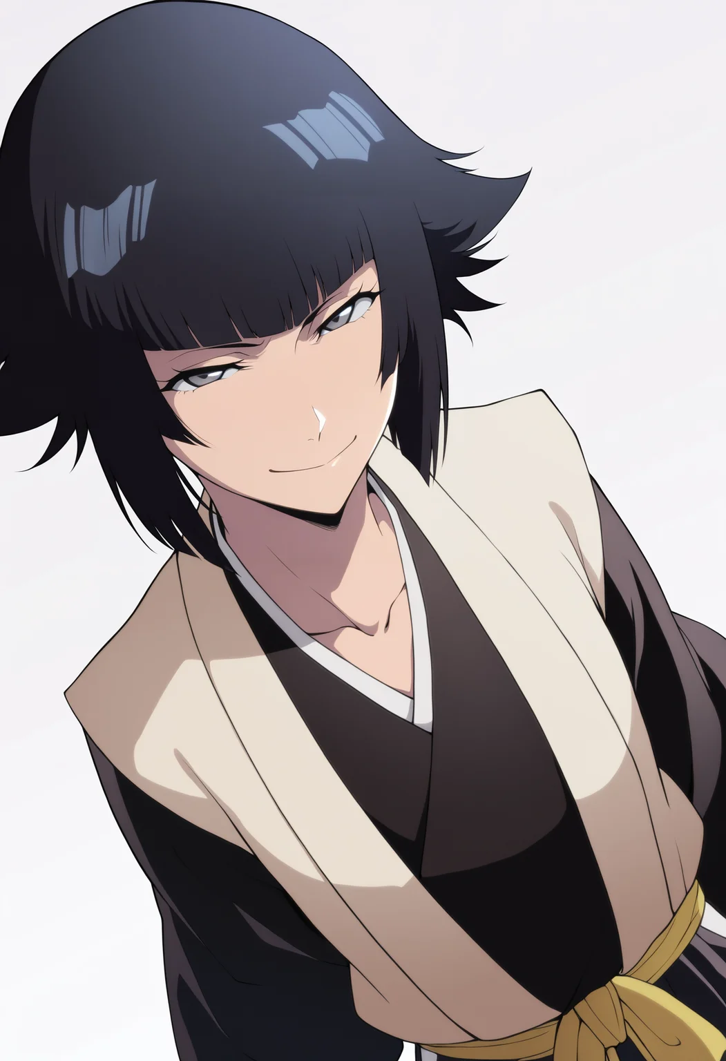 masterpiece, best quality, very aesthetic, absurdres,
1girl, soifontybw, short hair, black hair, grey eyes,
japanese clothes, black hakama,
upper body, smile,
solo, looking at viewer, simple background, white background <lora:SoifonNoobXL_byKonan:1>
