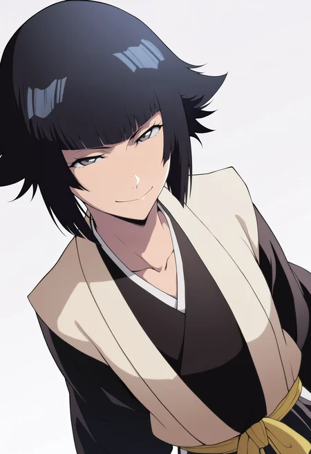 masterpiece, best quality, very aesthetic, absurdres,
1girl, soifontybw, short hair, black hair, grey eyes,
japanese clothes, black hakama,
upper body, smile,
solo, looking at viewer, simple background, white background <lora:SoifonNoobXL_byKonan:1>