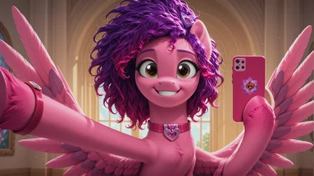 resolution,masterpiece,high resolution,my little pony,friendship is magic resolution,masterpiece,high resolution,solo,wild,pony,woman,on a small tower,taking a selfie,conductor smartphone, Ruby Jubilee, female, collar, hair, pink body, fur, pink fur, purple hair, pegasus, jewelry, pink hair, wings, , necklace, brown eyes, , pink mane, accessory, multi-colored hair, <lora:2Ruby_Jubilee:1>