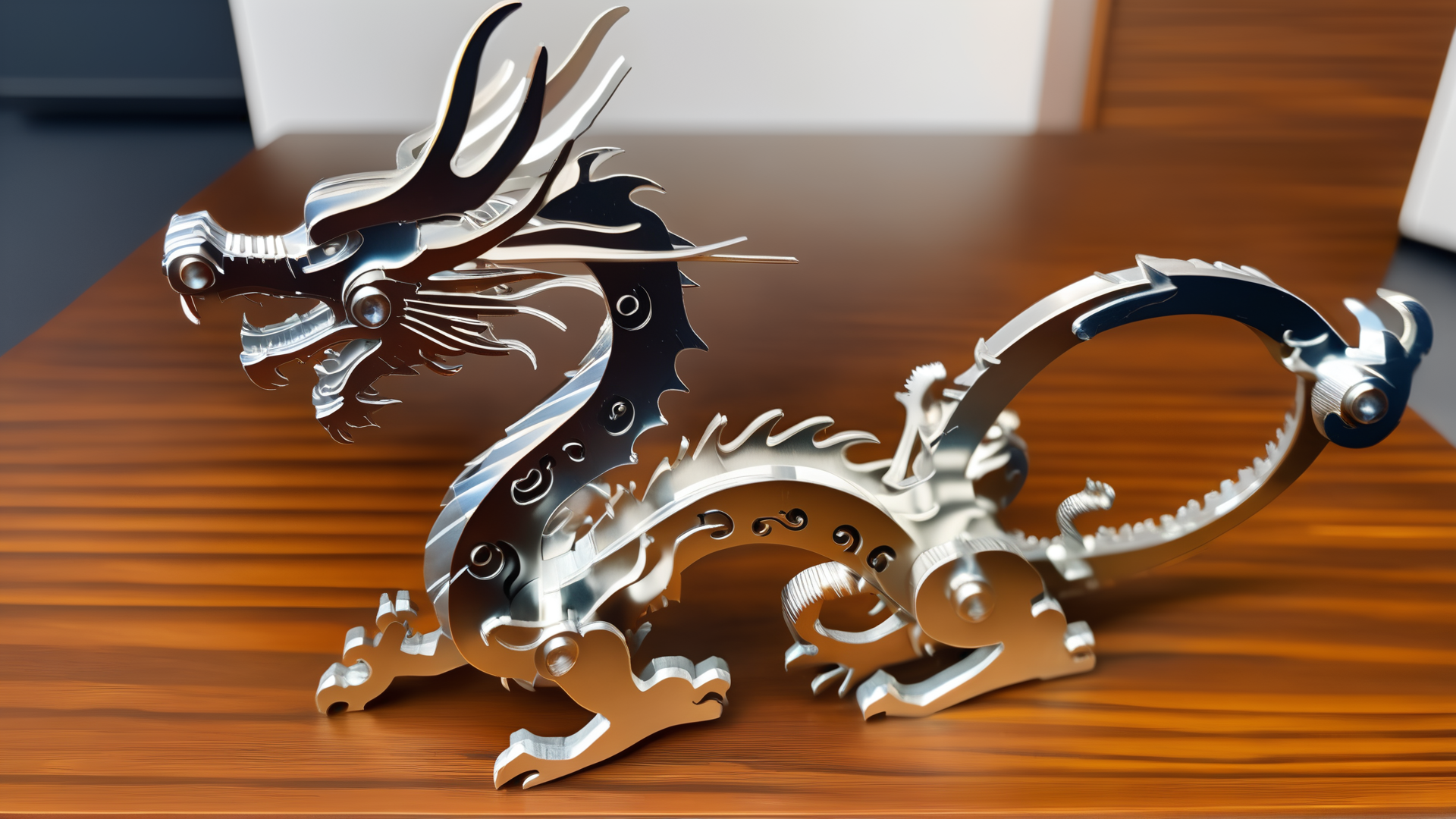 <lora:splicingtoycd_xl-000012:0.8>,a plane style steel chinese dragon made of splicingtoycd_xl on wooden desktop,three-dimensional puzzle,simple-structured,detailed,hi-res photo,chinese zodiac,no humans,silver theme,close-up,indoors,living room,simple background, emotional,harmonious,high budget,moody,epic,gorgeous,perfect lighting,realistic,photorealistic,photographic,photo (medium),real,moody lighting,volumetric lighting,reality ray tracing,8K,HDR,UHD,masterpiece,best quality,highly detailed,high resolution,finely detail,extremely detailed,ultra detailed,wallpaper