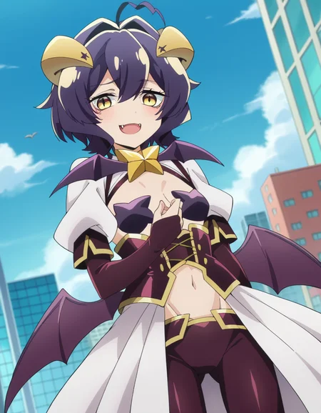 score_9, score_8_up, score_7_up, source_anime,
utenahiiragi, <lora:utena-hiiragi-ponyxl-lora-nochekaiser:1>
utena hiiragi, short hair, yellow eyes, purple hair, ahoge, hair intakes,
navel, wings, horns, fang, demon girl, demon horns, demon wings,
outdoors, cityscape, smile,
looking at viewer, dutch angle, cowboy shot
