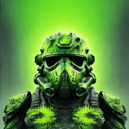 blackneongreen, double exposure, doubleexposurestyle, power armor helmet, nuclear wasteland scene, symmetrical, nuclear winter background,