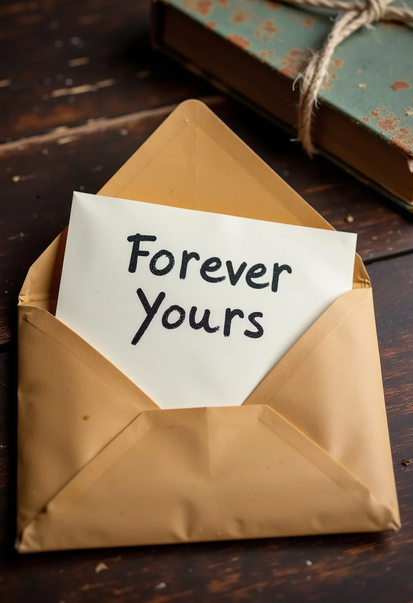 An old letter envelope is opened and a letter with the words “Forever Yours” written inside, the letter says in writing, aidmaTextImprover,