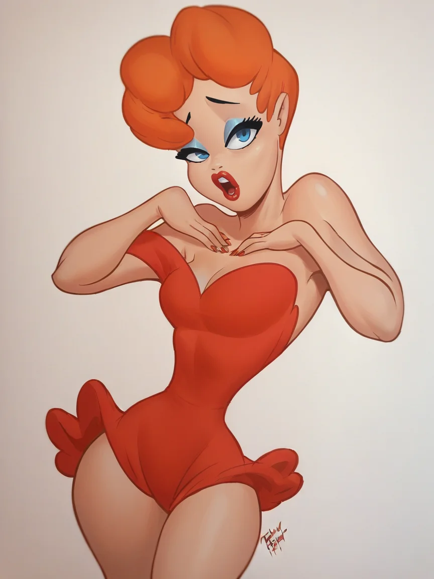 score_9, score_8_up, score_7_up, score_6_up, score_5_up,  <lora:texaveryXLP:1> tex avery, 1girl, orange hair, solo, lipstick, blue eyes, short hair, red dress,