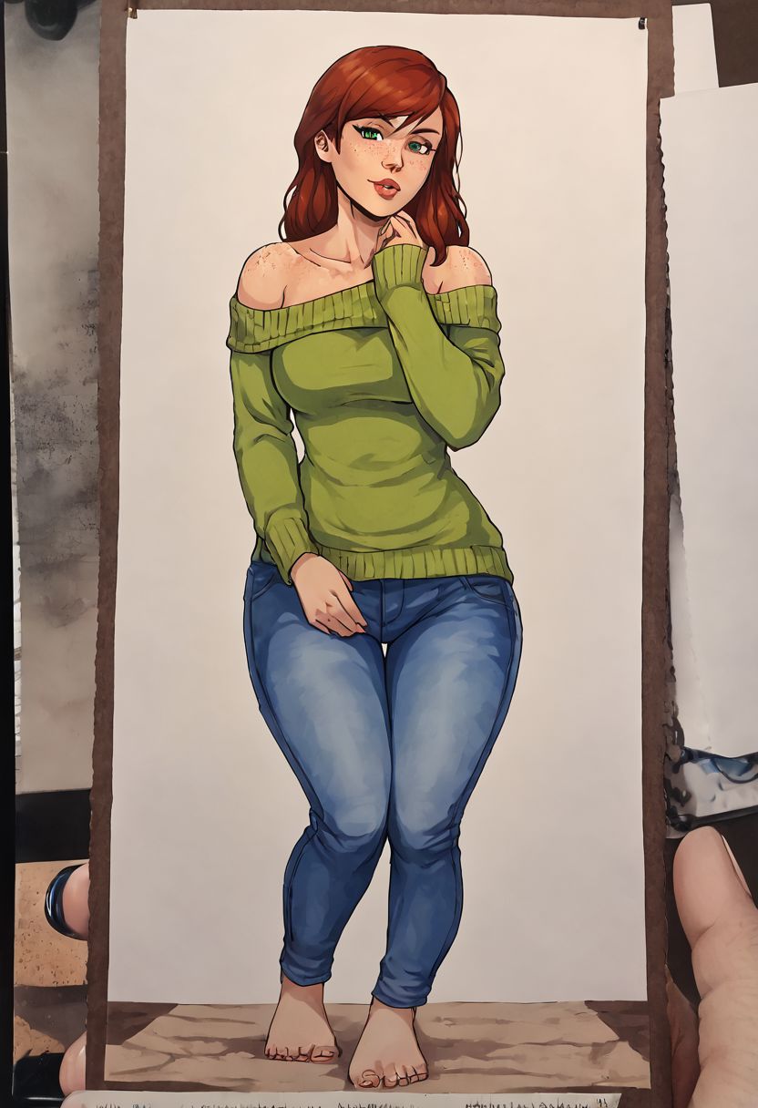 score_9, score_8_up, score_7_up, score_6_up, score_5_up, score_4_up, eye contact, looking at viewer, source_anime, seductive, traditional art, lineart, rating_safe, zPDXL, clear green eyes,(4k quality, masterpiece):1.4),( best quality:1.1), Mary Jane Watson (Marvel), sweater, jeans, bare shoulder, luscious lips, big hips, freckles, , shot ,anibody, FULL BODY,  IN FRONT
