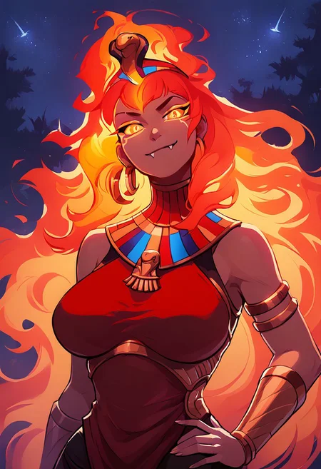 score_9, score_8_up, score_8, (curvy), zzEgyptian, usekh collar, gold trim, jewelry, gold, eye of horus, pharaoh's headdress, armlet,detailed eyes,
Fiery_Hair, 1girl, hand on hip, contrapposto, long hair, large breasts, very long hair, red fire, upper body, smug, smile, fang, breastplate, pauldrons, head tilt, night sky,