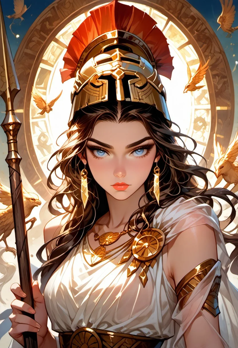Stable_Yogis_PDXL_Positives, (score_9, score_8_up, score_7_up), ((zPDXL3)), ((zPDXLxxx)), ((Greek mythology style)), ((face focus, eye focus, dynamic angle, motion)), (1girl, solo), fantasy, (greek_athena, helmet ontop of head, brown hair, long hair, toga, armor, sandals), ((((sheer material, silk, semi-transparent clothes)))), (ancient greek clothes), (armor), (holding spear), lace, cape, breathless intimacy, tanned skin, petite model bombshell, heart, young, delicate features, narrow pointy nose, tiny nose, lust, big eyes, seductive eyes, blue eyes, detailed skin, flared lashes, mascara, makeup, perky huge breasts, athletic body, narrow waist, skinny hips,
warm light, detailed, neon dark party
BREAK
milky way, runes, arcane, astral, surreal, ethereal glow, masterpiece, best quality, intricate design. colorful, moonlit nightsky, stained glass aesthetic, moody whimsical color palette, murano glass, bold soldering lines, volumetric light shining through, crepuscular rays, intricate craftsmanship, detailed texture, luminous transparency, reflective light play, vivid hues, atmospheric depth, enchanting silhouette, art nouveau,