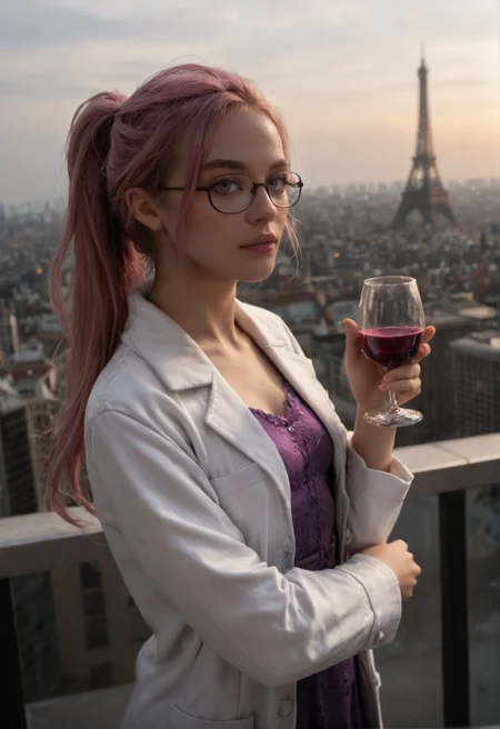 <lora:intp_v1:0.8>
intp_v1 , solo
ponytail, pink hair, long hair, purple hair,
pale skin,
purple eyes,
breasts, small breasts,
glasses, semi-rimless eyewear,
labcoat, white coat, coat, open coat,long sleeves,
purple dress,
jewelry,, score_9, score_8_up, score_7_up, score_6_up, derpibooru_p_95,
detailed eyes, beautiful, detailed background, perfect eyes,
solo,
A stormy sky over a cityscape with tall buildings,, alluring pose, standing, rooftop, leaning against railing,
blur censor, blurry, blurry background, blurry foreground, bokeh, motion blur,
chromatic aberration, depth of field, figure, focused, focus
absurdres, amazing quality
photography, realistic sun light and shadows, photorealism, UHD --ar 9:16 --style raw --stylize 700,
rating_safe, cinematic, cinematic photo, close-up, portrait, orange rim lighting, atmospheric, bokeh, dynamic angle, vibrant lighting, dramatic shadows, highly detailed, realistic, high contrast, extremely detailed, photorealistic, professional, detailed skin, depth of field, film grain,, on the roof of a high building, with city paris and eiffel tower as background,, holding wine glass