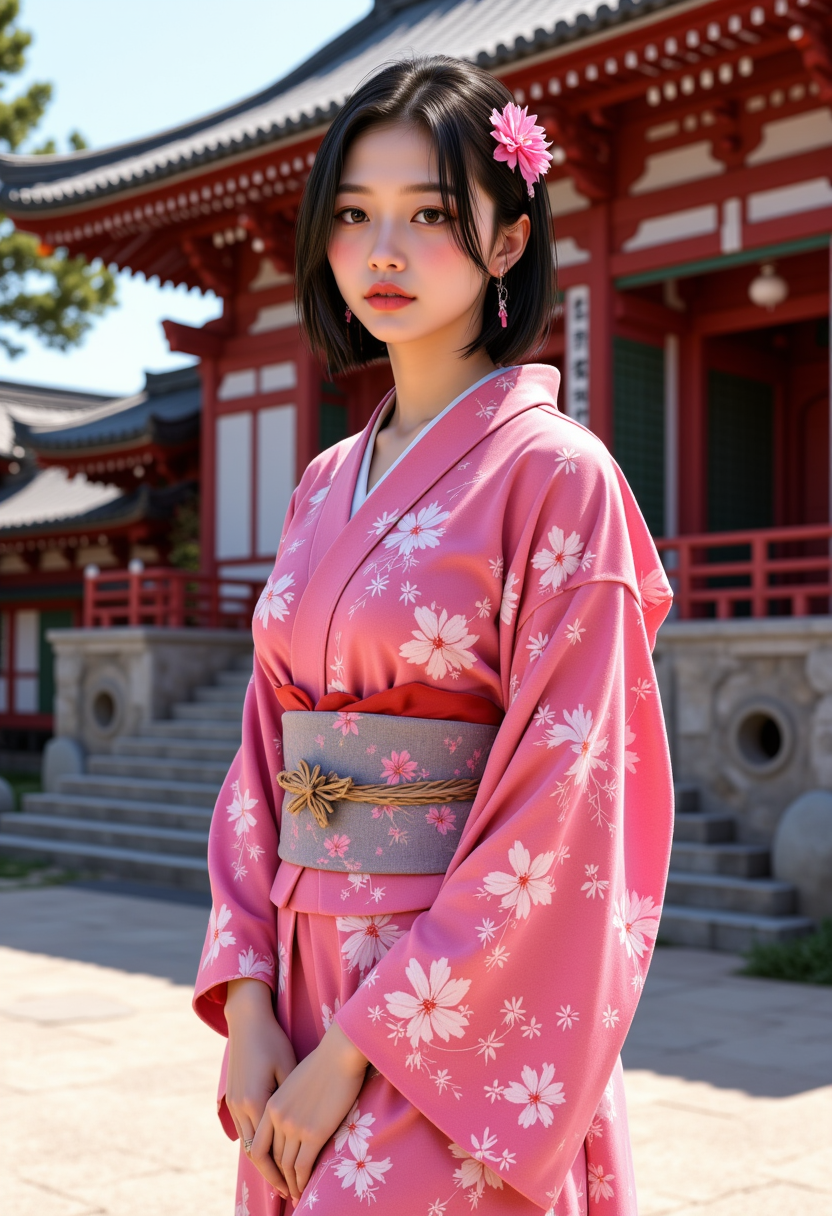 full body view, smiling, she is approximately 18 years old,Hyperrealism, she is looking at the camera, (dynamic angles), profile headshots of a beautiful, stunning unique female character.  she has dark hair. her eyes are filled with joy and excitement, extravagant eyelashes. A photo of Kik0, flower pink flower printed kimono .she is standing, outside a japanese temple. She is wearing pink and white sneakers. She is looking at the camera with a smirk on her face.  The girl is posing confidently. She has a slight smile on her face and is looking directly at the camera. making this image a masterpiece of photography and digital art. realistic. making this image a masterpiece of photography and digital art. Style: realistic hyper-detailed rendering, 32k UHD, expressive eyes, punk, graphic design, girl's face, pretty and cute, gleaming lips, telling a tale of adventure. Exuding confidence and serenity. The overall mood of the image is happy and relaxed,detailed skin texture,(blush:0.2),(goosebumps:0.3),subsurface scattering,whimsical, perfection style, aidmafluxpro1.1