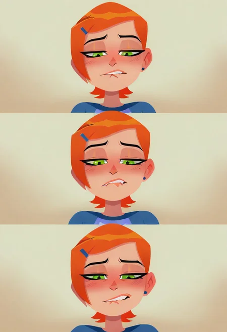 masterpiece, best quality, amazing quality,
<lora:Lineless_Impact_Style:1> imp4ct_style, lineless,
<lora:GwenTennyson_Ben10_illustrious_Leaf1:1> gwen_tennyson, green eyes, orange hair, short hair,
1girl, portrait, blush, half closed eyes, relief, bliss, biting lip, comic