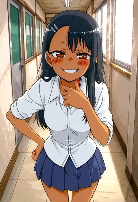masterpiece, best quality, medium breasts, (curvy), <lora:NagatoroNAI:0.8>, zzNagatoro, skirt, shirt, school uniform, white shirt, pleated skirt, nail polish, blue skirt, red nails, earclip, school hallway, bright sunlight, smug expression, playful pose, warm atmosphere â Nagatoro leans casually against the lockers in the sunlit school hallway, her red-painted nails tapping rhythmically against the metal surface. The bright afternoon light filters through the windows, casting soft shadows across her neatly pressed blue pleated skirt and crisp white shirt. A mischievous smirk plays on her lips as she tilts her head, her earclip glinting slightly with the movement. With one hand on her hip, she leans forward just slightly, her teasing gaze locked onto her targetâready to pounce on their reaction with her signature playful banter.