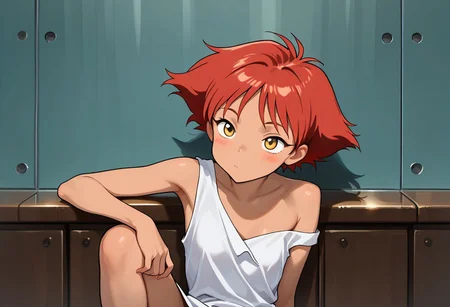masterpiece, 1440p, 8k, UHD, amazing quality, high resolution, Radical_Ed, edward wong hau pepelu tivrusky iv, cowboy bebop, solo, 1girl, red hair, short hair, wearing dress,