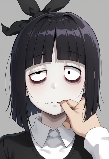 score 7 up, solo, source anime, 1girl, , <lora:creepy_susie:1> creepy susie, pale skin, black hair, two eyes,black eyes, bags under eyes, half-closed eye, blunt bangs, hair bow, , <lora:_sdxl-fingercandy-pony:1> fingercandy,,