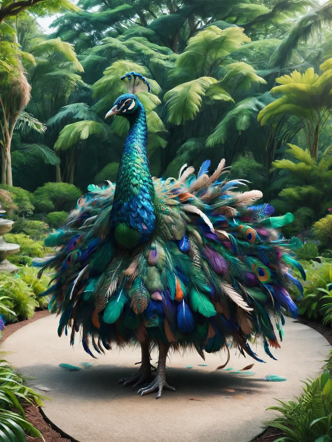 ais-featherz peacock, strutting through a botanical garden <lora:Feathers_Glue_SDXL:1>