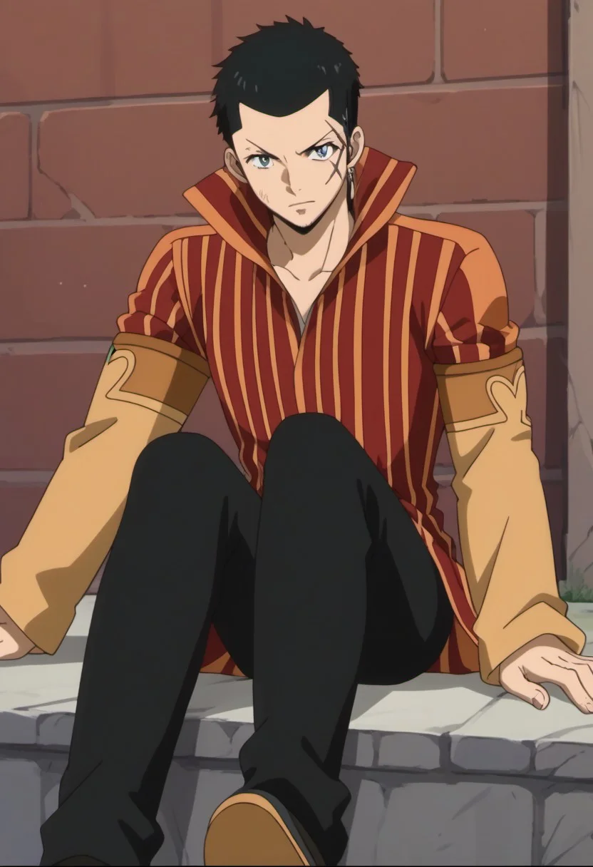 score_9, score_8_up, score_7_up, source_anime, rating_safe, MestFT, 1boy, male focus, anime screencap, black Mest hair, Mest scar, grey Mest earrings, red-orange Mest striped jacket, yellow Mest elbow gloves, black Mest pants, cropped feet, sitting,