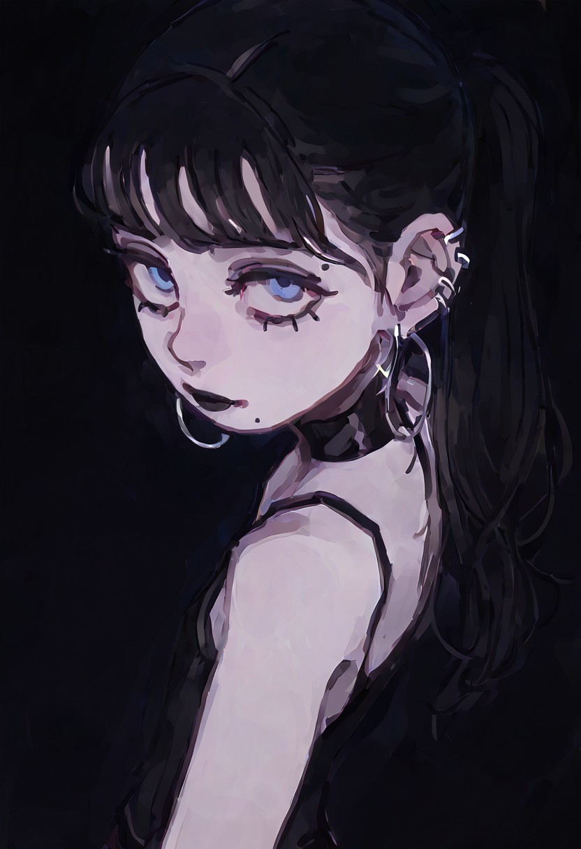 masterpiece, absurdres, newest, very awa,   
1girl, long hair, black hair, hair bangs, ponytail, blue eyes, black lipstick, eyeliner, black mascara, hoop earrings, pale skin, goth, flat chest. 
feason style,