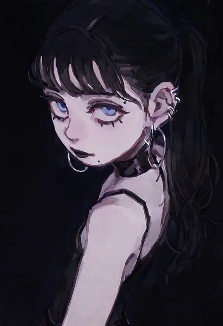 masterpiece, absurdres, newest, very awa,
1girl, long hair, black hair, hair bangs, ponytail, blue eyes, black lipstick, eyeliner, black mascara, hoop earrings, pale skin, goth, flat chest.
feason style,
