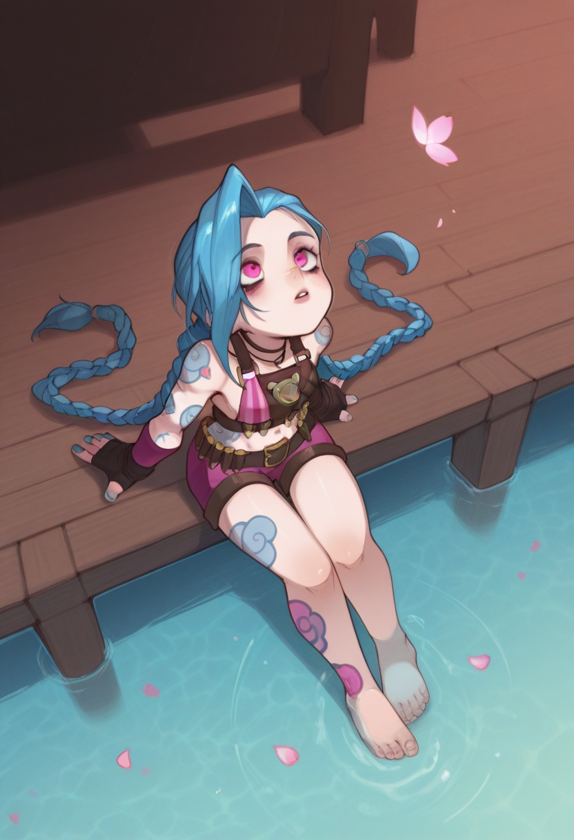 04N1M3R3style, masterpiece, best quality, solo,                                                                                    jinx from league of legends, looking up, sitting on the edge of a steampunk pier, feet in water, blossom petals falling, 