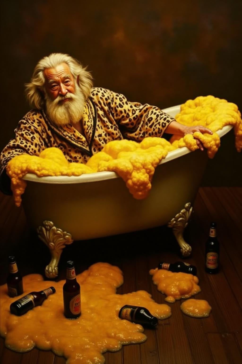 chenyifei1 painting. An eccentric older man with a wild white beard and long hair relaxing in an overflowing vintage bathtub filled with bright yellow foam. The man wears a leopard-print robe and leans back confidently with a carefree expression. Beer bottles are scattered around the bathtub and on the floor, while the yellow foam spills over the edges and fills the air, creating an almost volcanic, chaotic atmosphere. The lighting is dramatic and cinematic, with warm golden hues emphasizing the foam and giving the scene a playful, party-like energy. <lora:chenyifei1_cap_d6a3:1.0><lora:839199329605566317:0>