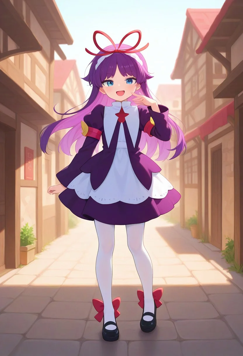 <lora:PFeli_SDXL_Illustrious01_fp16_ver01:1>,PFeli, 1girl, long hair,purple hair, white pantyhose, dress,red ribbon, blue eyes, black footwear, long sleeves, red bow, hairband, cute pose, smile, open mouth, standing, village, look at viewer, lovely, cute, adorable, newest, masterpiece, best quality, very aesthetic, absurdres,<lora:detailed_hands:1>,hand