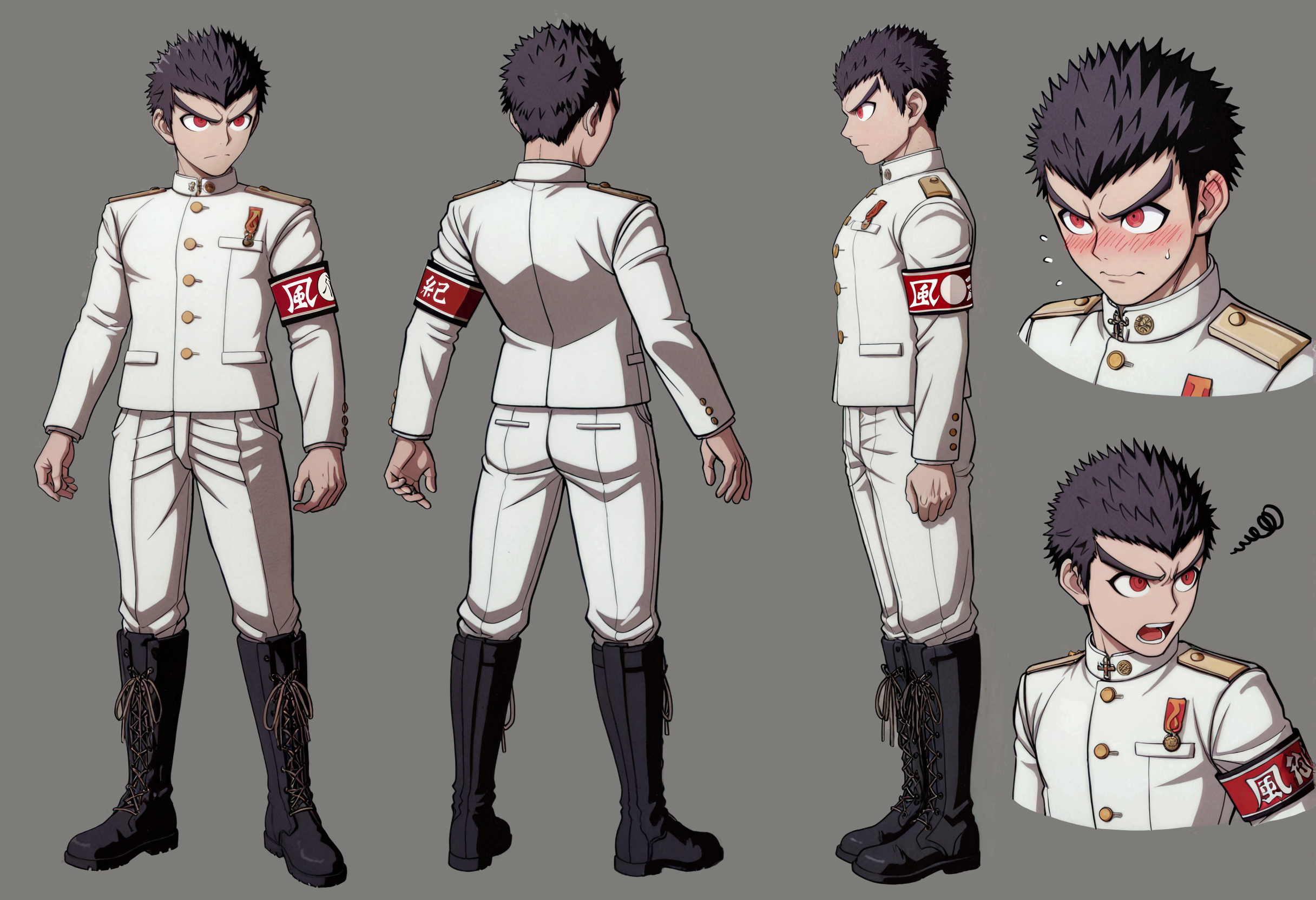 artist:, masterpiece, best quality, newest, absurdres, highres, very awa, 1boy, male, male focus, bara, ishimaru kiyotaka, white gakuran, red armband, knee boots, cross-laced footwear, pants, black footwear, reference sheet, multiple angles, turnaround, full body, muscular male, official art
