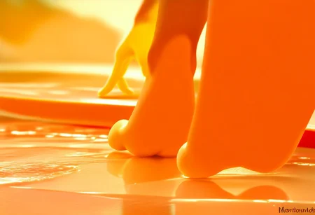 score_9, score_8_up, Score_7_up, score_6_up, score_5_up, Chimchar, Pokemon (creature), monkey, peach colored feet, 3 toes, foot focus, water, surfing, feet on surfboard, wet on feet, close-up