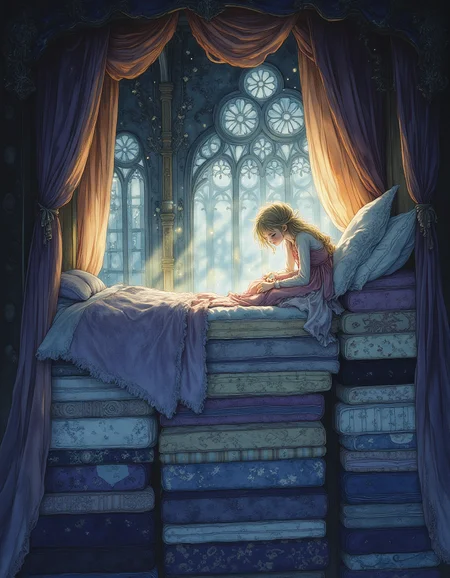 Studio Ghibli Dark Fairytale, a young teen princess with tousled hair and a weary expression, sitting up at the top of enormous canopy bed stacked with twenty plush mattresses under her.  The mattresses reaching almost to the ceiling. She's wearing an elegant nightgown and is surrounded by luxurious bedding in rich jewel tones. Morning light streams through tall castle windows, casting long shadows across the ornate bedroom. The princess is stretching and yawning, with dark circles under her eyes. The princess has high cheekbones, almost ethereal white skin, vibrant blue eyes, and long blond hair. The scene has a dreamy, romantic atmosphere with motes of dust catching the sunbeams, creating a subtle halo effect around her figure. Elaborate details, (2/3 rule composition:0.5), ultra detailed, romantic. <lora:Dark_Ghibli:1>