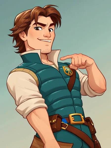 score_9, score_8_up, score_7_up, flynn rider, a cartoon of a man pointing at something, solo, simple background, brown hair, brown eyes, standing, male focus, cowboy shot, vest, sleeves rolled up, pouch, stubble, hand on own arm,    <lora:princesscomic_pony_v1:0.95>