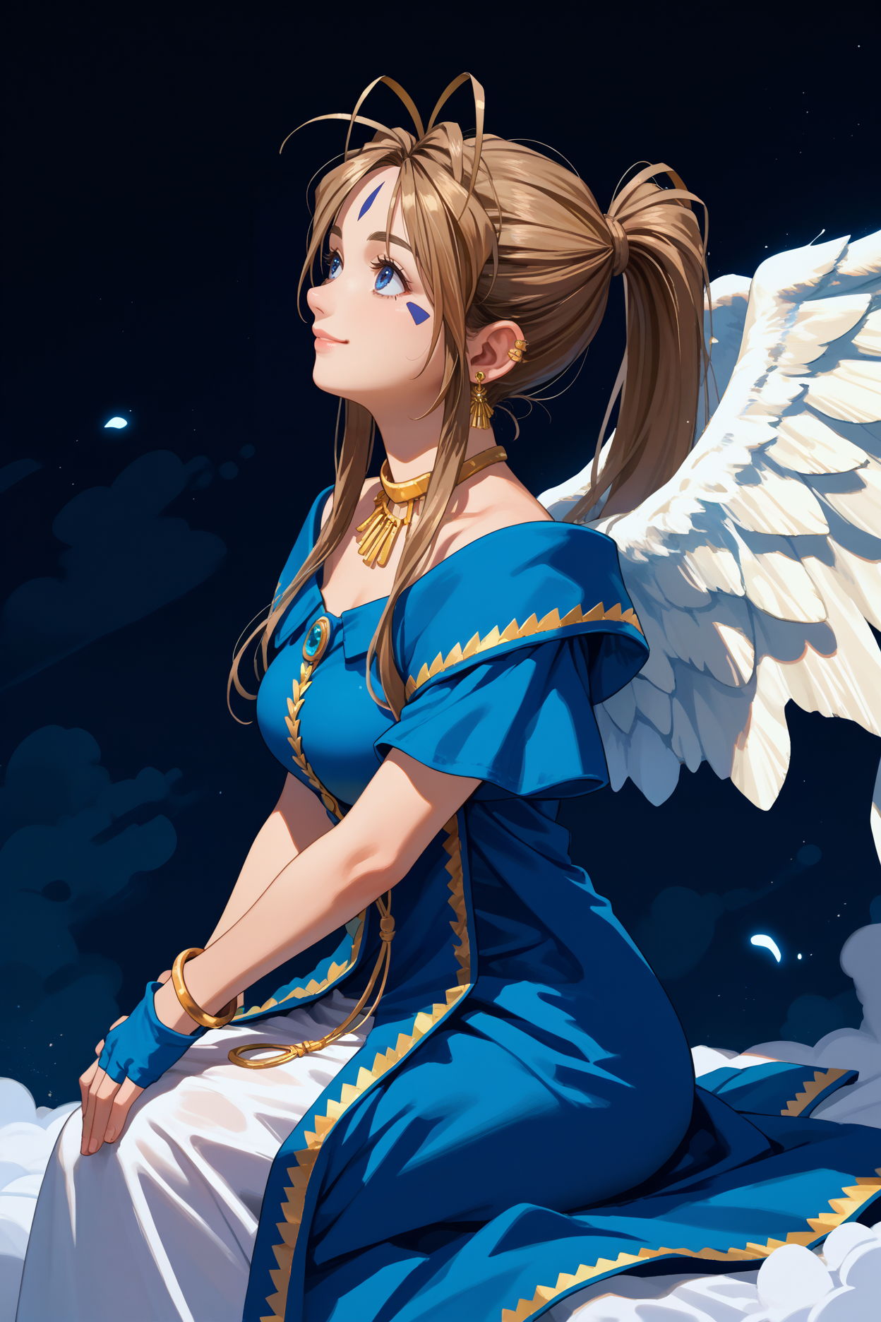 score_9, score_8_up, score_7_up, score_6_up, source_anime, 1girl, solo,  <lora:belldandy-pdxl-nvwls-v1-000006:1> amgBDD, brown hair, ponytail, antenna hair, blue eyes, forehead mark, facial mark, necklace, gold ear piercings, earrings, blue and white dress, off-shoulder dress, white skirt, angel wings, large breasts, full body, glowing, light, white background, abstract background, smile, from side, dutch angle, looking up, sitting, clouds, blue gloves, fingerless gloves, bracelet