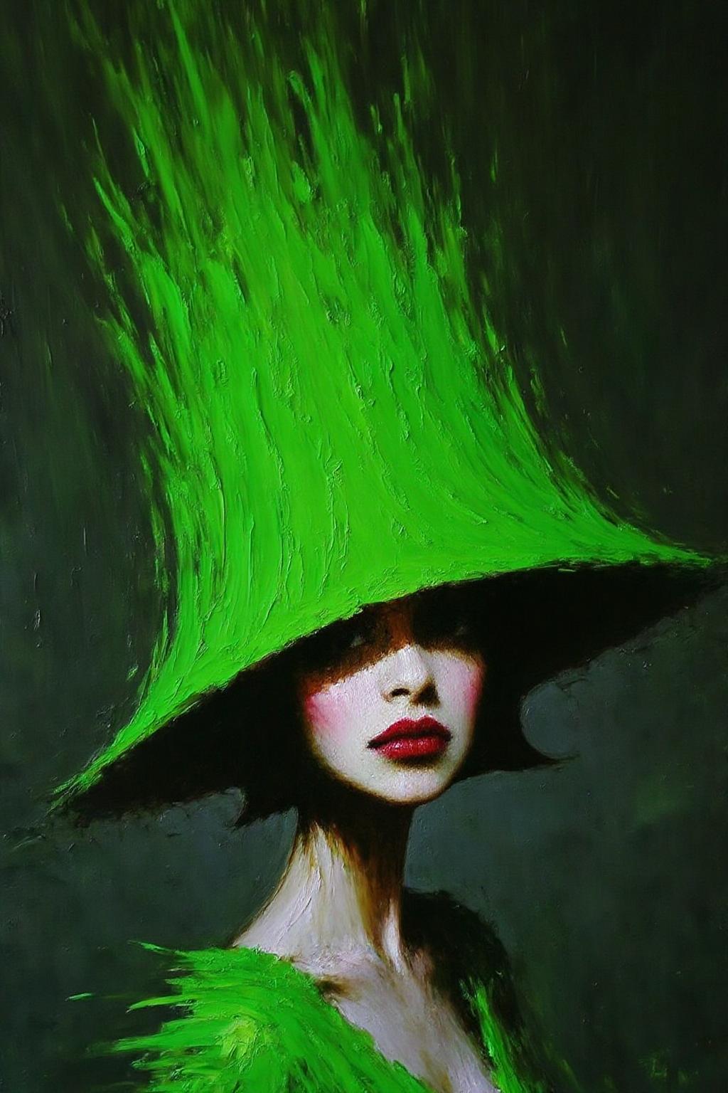 talo1 painting.
portrait of a woman with a striking, exaggerated appearance. She is depicted wearing a large, wide-brimmed hat that is a vivid, electric green, with the brim extending dramatically upward, almost like a flame. The hat covers her face, with only her lips visible, painted a deep, rich red. <lora:talo1_cap_d6a3e15:1.0><lora:828747174503345728:0>