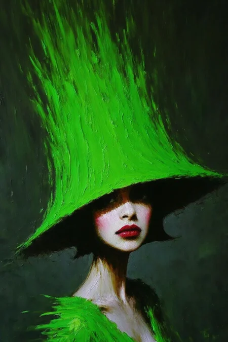 talo1 painting.
portrait of a woman with a striking, exaggerated appearance. She is depicted wearing a large, wide-brimmed hat that is a vivid, electric green, with the brim extending dramatically upward, almost like a flame. The hat covers her face, with only her lips visible, painted a deep, rich red. <lora:talo1_cap_d6a3e15:1.0><lora:828747174503345728:0>