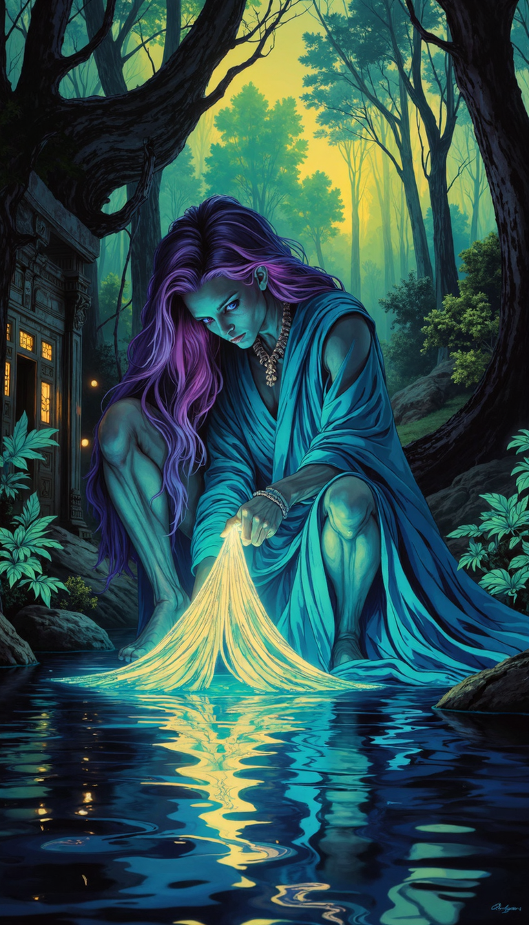 Bioluminescent, A solitary figure with preternaturally long violet hair, garbed in flowing cerulean robes, crouches at the edge of a phosphorescent stream.  They delicately hold a luminous, otherworldly fabric, its lower half submerged in the water, creating ripples of neon green and turquoise that reflect the incandescent chartreuse sky peeking through the arboreal frame.  The scene is rendered in a hyperrealistic style,  with an emphasis on the interplay of light and color, reminiscent of cyberpunk and fantasy art. The camera angle is low, focusing on the figure's interaction with the glowing textile and the ethereal luminescence it casts upon the water. The background should be a dreamscape of bioluminescent flora, perhaps with ruins of antediluvian civilization overgrown with phosphorescent moss, hinting at a hidden narrative.