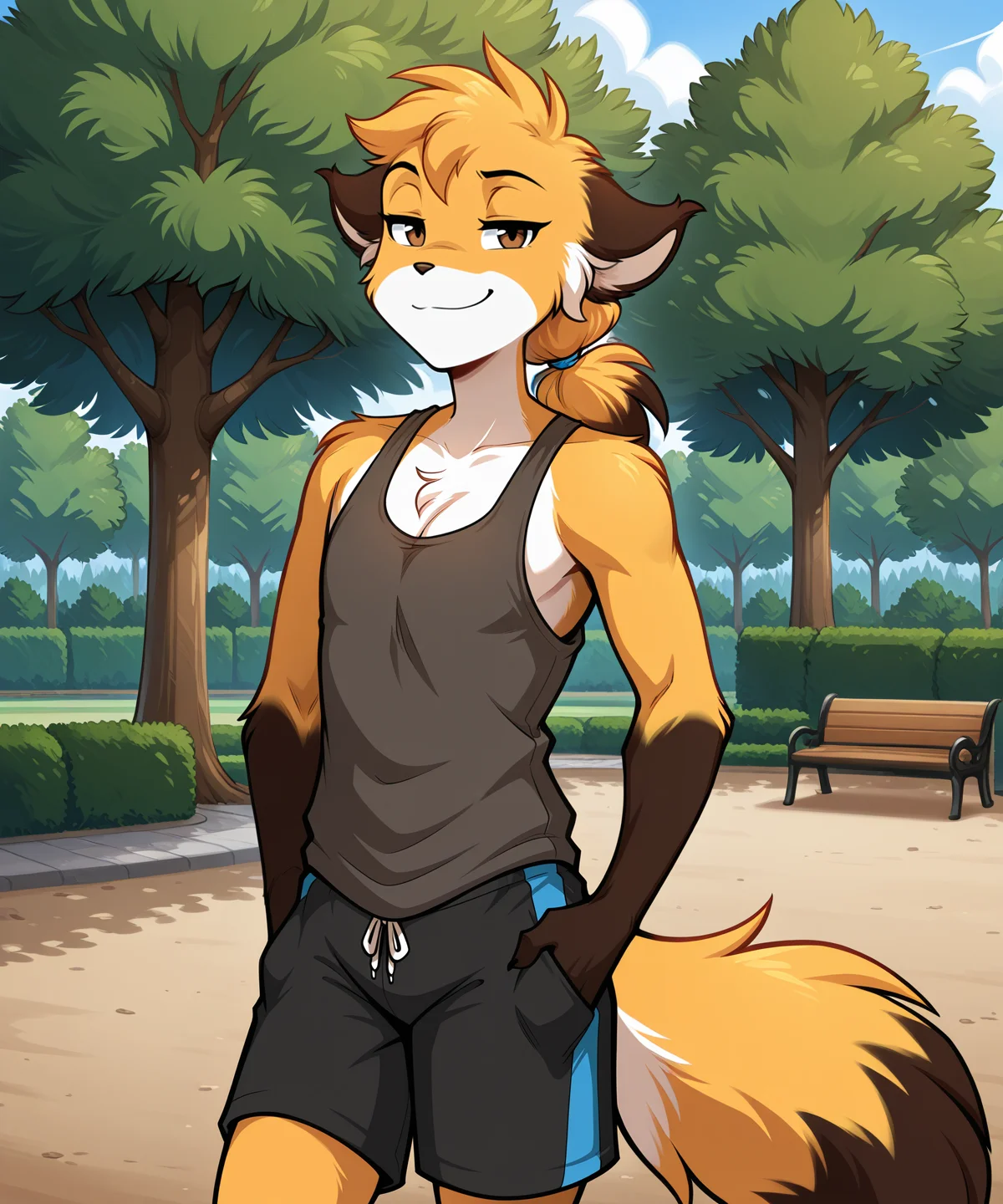 solo, furry male anthro, flat chest, tank top, shorts, smug, muscular, athletic, (outdoors, park), cleavage
<lora:Mike-Twokinds-ILXL-AnonTK-V3:0.8> , mike-twokinds, keidran, mammal, fox tail, brown eyes, low ponytail, medium hair