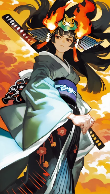 score_9,score_8_up,score_7_up,
<lora:vanillaStyle3:0.9>,
vanillastyle,
torahime,1girl,solo,black hair,long hair,hime cut,brown eyes,looking to the side,serious face,black japanese armor,white and green japanese helmet,white kimono with black trim,bare right shoulder,black japanese armor skirt,cowboy shot,from below,facing viewer,
outdoors,burning orange-yellow sky,cloud,pocalyptic atmosphere,