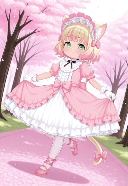 atg_(wttoo0202) , 1girl, catgirl, green eyes, blonde cat ears, blonde cat tail, blonde hair, two-tone hair, gradient hair, multicolored hair, pink tips, pink highlights, pink streaks, masterpiece, best quality, absurdres,
(pastel theme, lolitafashion:1.2), pastel lolitafashion, sweet lolitadress, shiny lolitadress, victorian dress, kawaii, cute, moe, puffy padded dress, petticoat, puffy sleeves, pastel colors, pastel pink, pastel blue, frilled wide skirt, white pantyhose, pastel dress, puffy sleeves, gloves, pastel headdress, many bows, multiple bows, ribbons, frills, frilled fabric, center frills, sparkles, glitter, cute lolitashoes, leg ribbon, tail ornament, tail ribbon, tail bow,
outdoors, nature, park, cherry blossom trees,
(solo:1.2), from side, standing on one leg, full body, dynamic pose, dutch angle, looking at viewer, happy smile, skirt hold,
intricate, highly detailed, majestic, shallow depth of field, movie still, circular polarizer