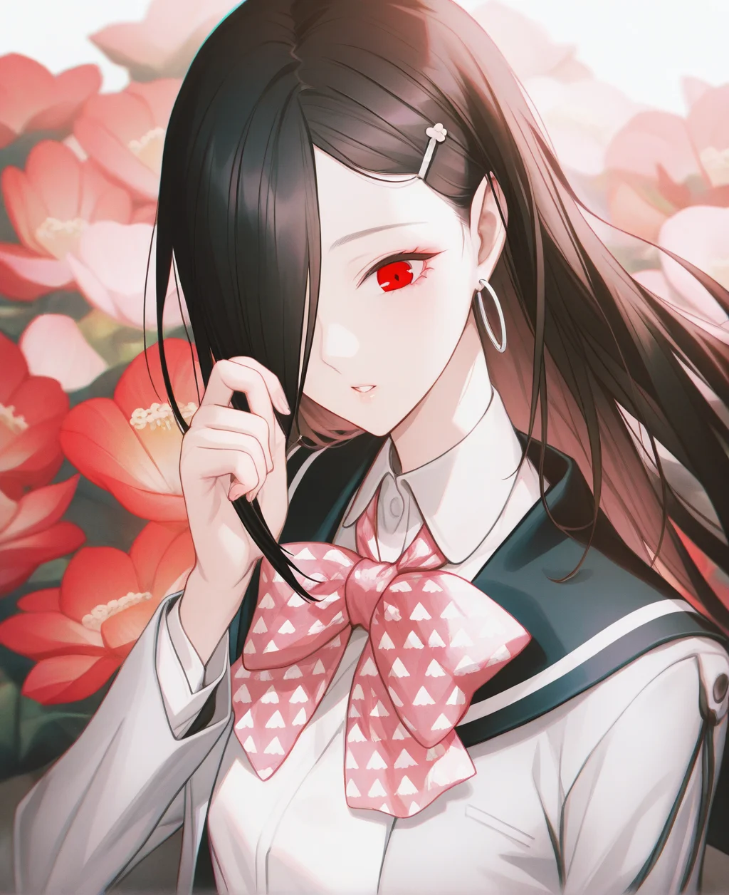 artist:gomzi,artist:wanke,artist:diyokama, rei_(sanbonzakura),[[artist:fuzichoco]],year 2023, 
solo, 
thorn \(caligula\), red eyes, black hair, long hair, hair over one eye, hairclip, hoop earrings, white shirt, print bowtie, pink bowtie, grey blazer, black sailor collar,
upper body, park