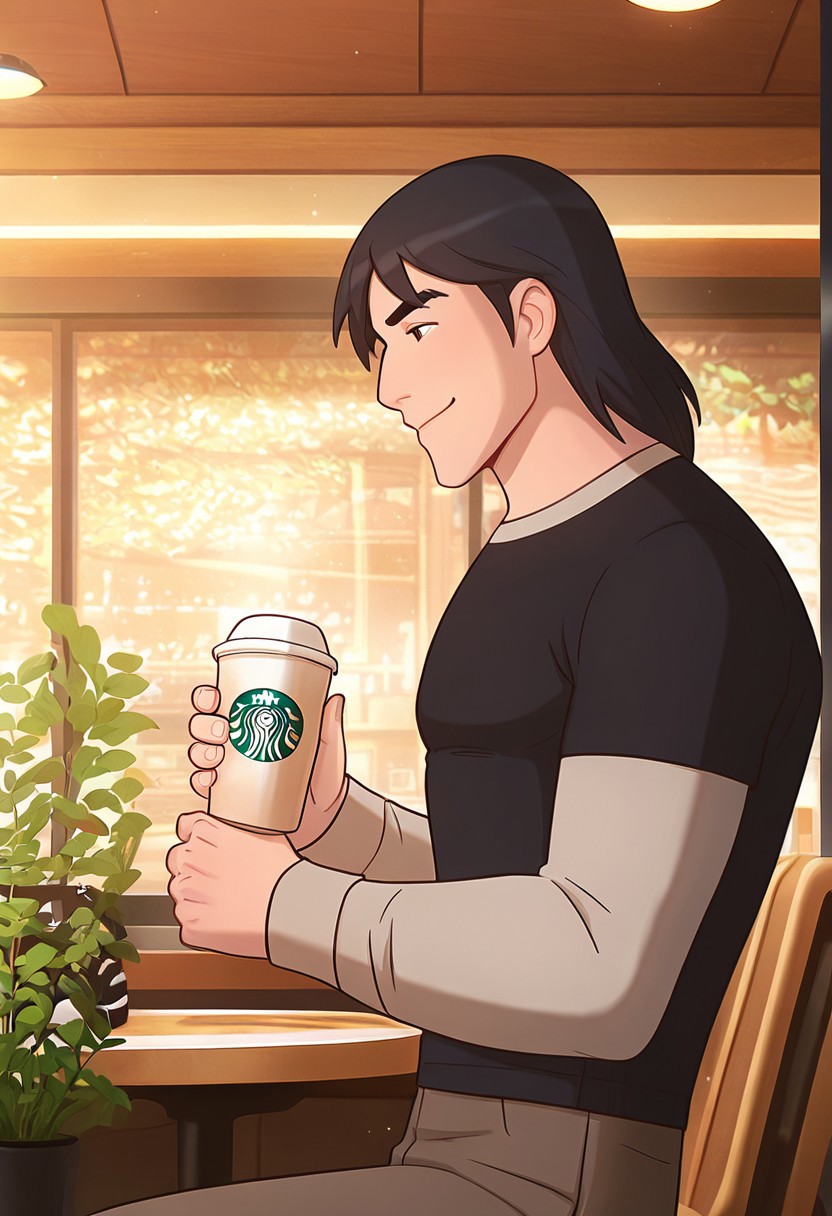 masterpiece, best quality, amazing quality, very aesthetic, absurdres, newest,
kevaf, black hair, 1boy, solo, black shirt, layered sleeves, short over long sleeves, thick eyebrows,
in cafe, side view, smile, holding cup, starbucks, modern cafe, shining light, soft palette, plants, modern cafe, smile